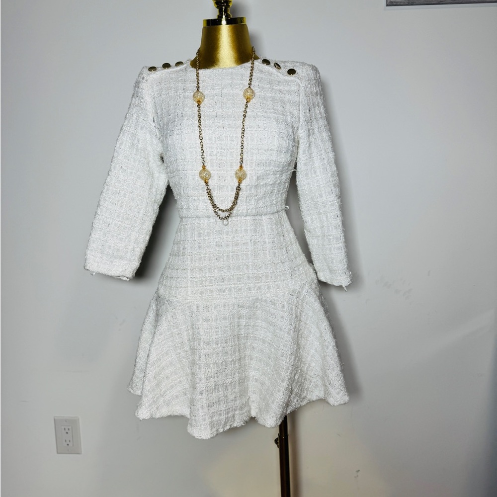 Zara White Fit and Flare Dress with Cuffed 3/4 Sleeves